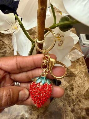 Gold-Tone Red Crystal Strawberry Bag Keychain Charm